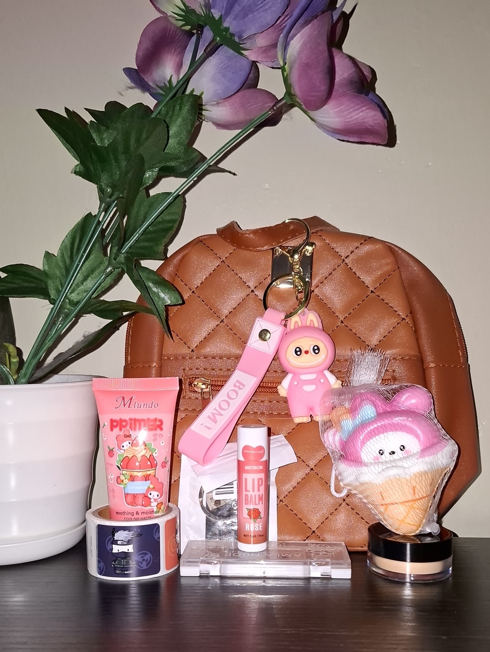 Quilted Brown Women's Backpack with Pink Charm Keychain, Makeup Treats